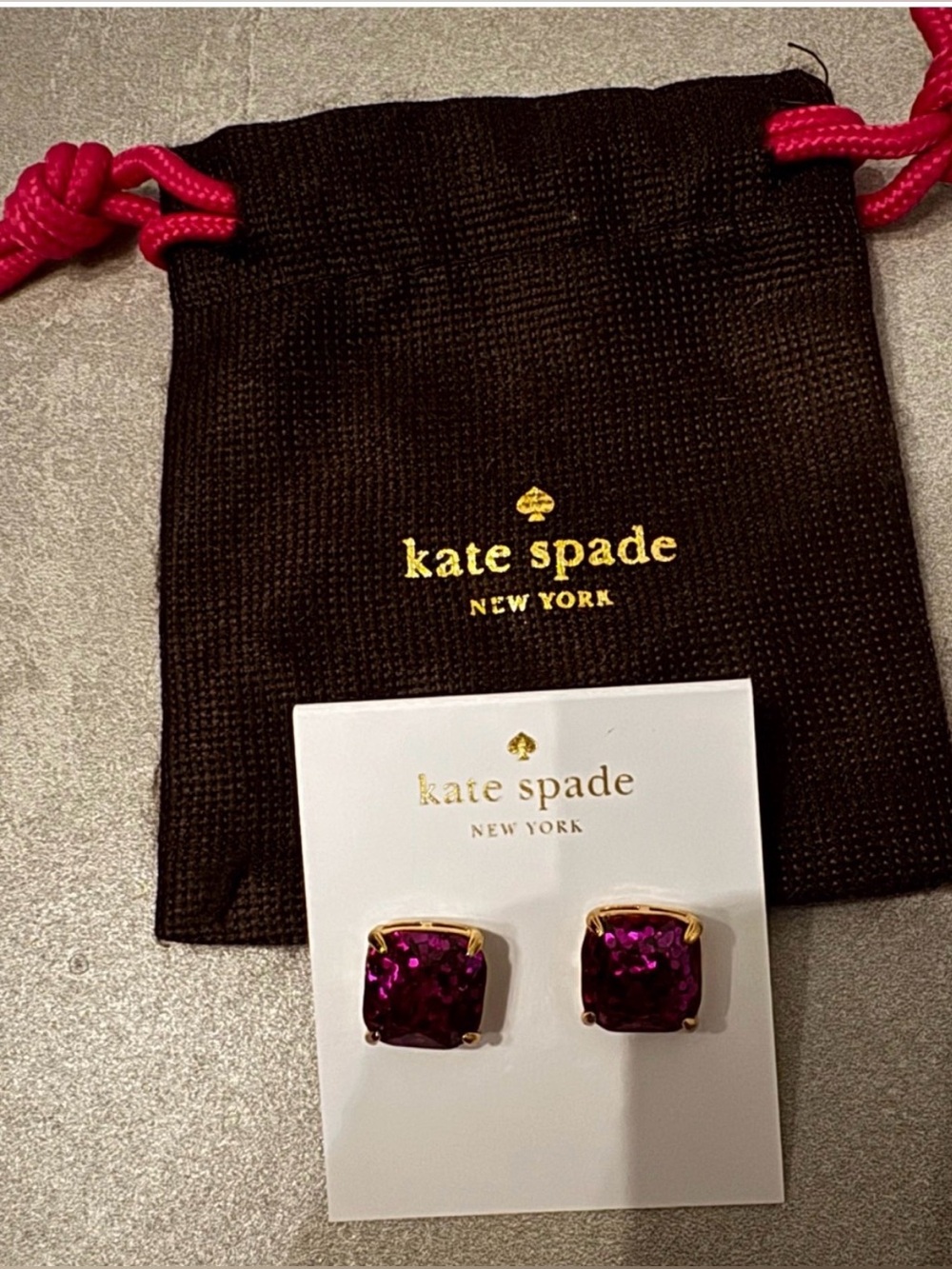 Retired Kate Spade Oversized Gold-Tone Stud Earrings with Fuchsia Cushion Stones
